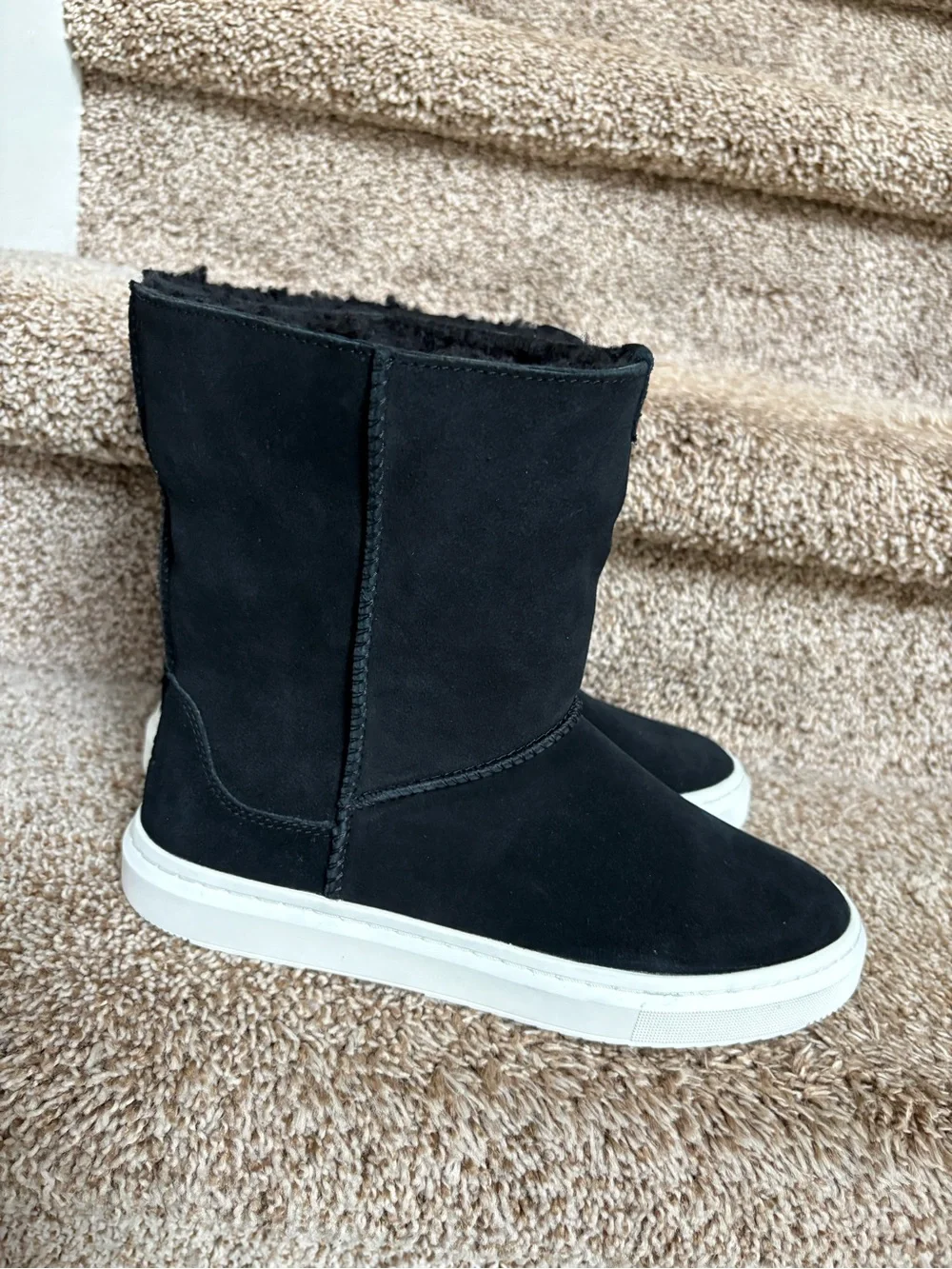 UGG Alameda Women’s Mid-Calf Black Suede Shearling Trim Boots.